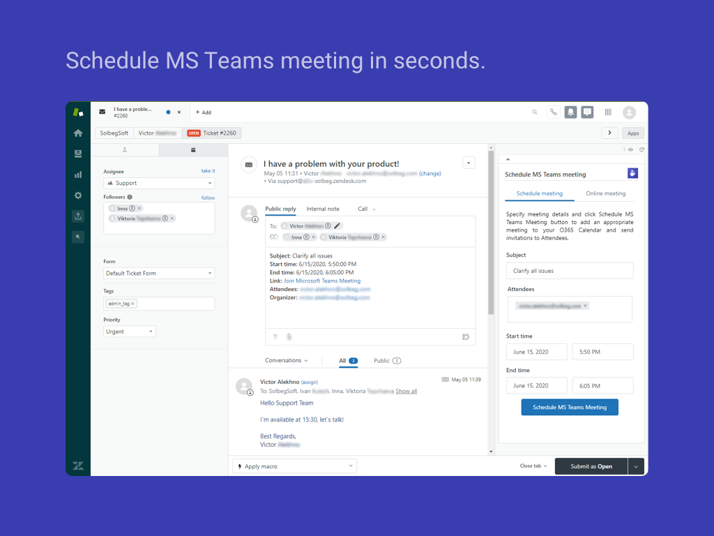 MS Teams Meeting by SolbegSoft App Integration with Zendesk Support